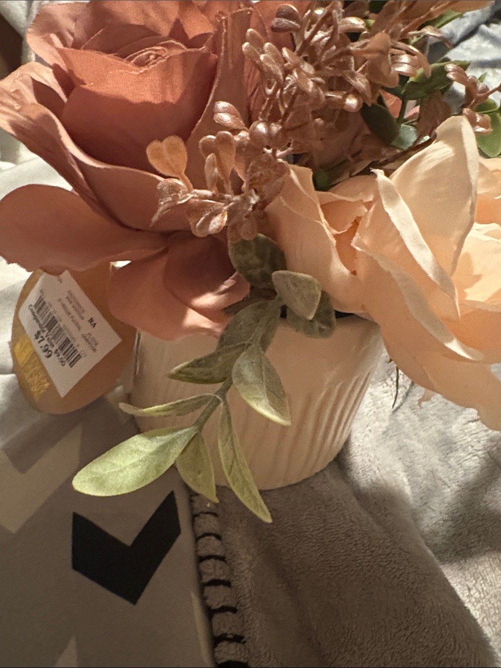 Silk Peach Floral Arrangement in Cream Ceramic Vase